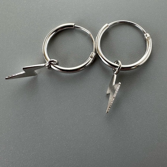 Rhodium Huggie Lightning Bolt Hoops - Picture 3 of 9